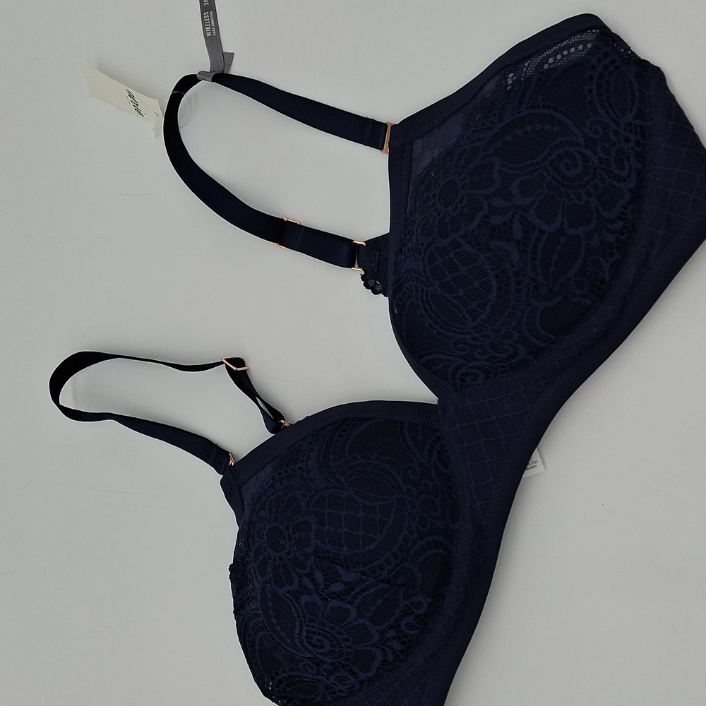 Aerie Real Power Wireless Push Up Slumber Party Lace Bra Navy Blue 36D